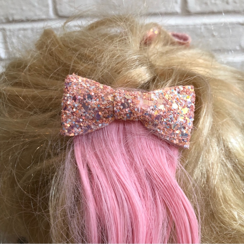 Pink glitter bow barrettes Pink hair extensions Festival Coquettegirl CosPlay - Picture 2 of 8